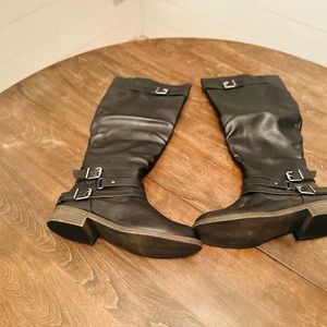 Women’s Black Leather Knee-High Boots with Buckle Details